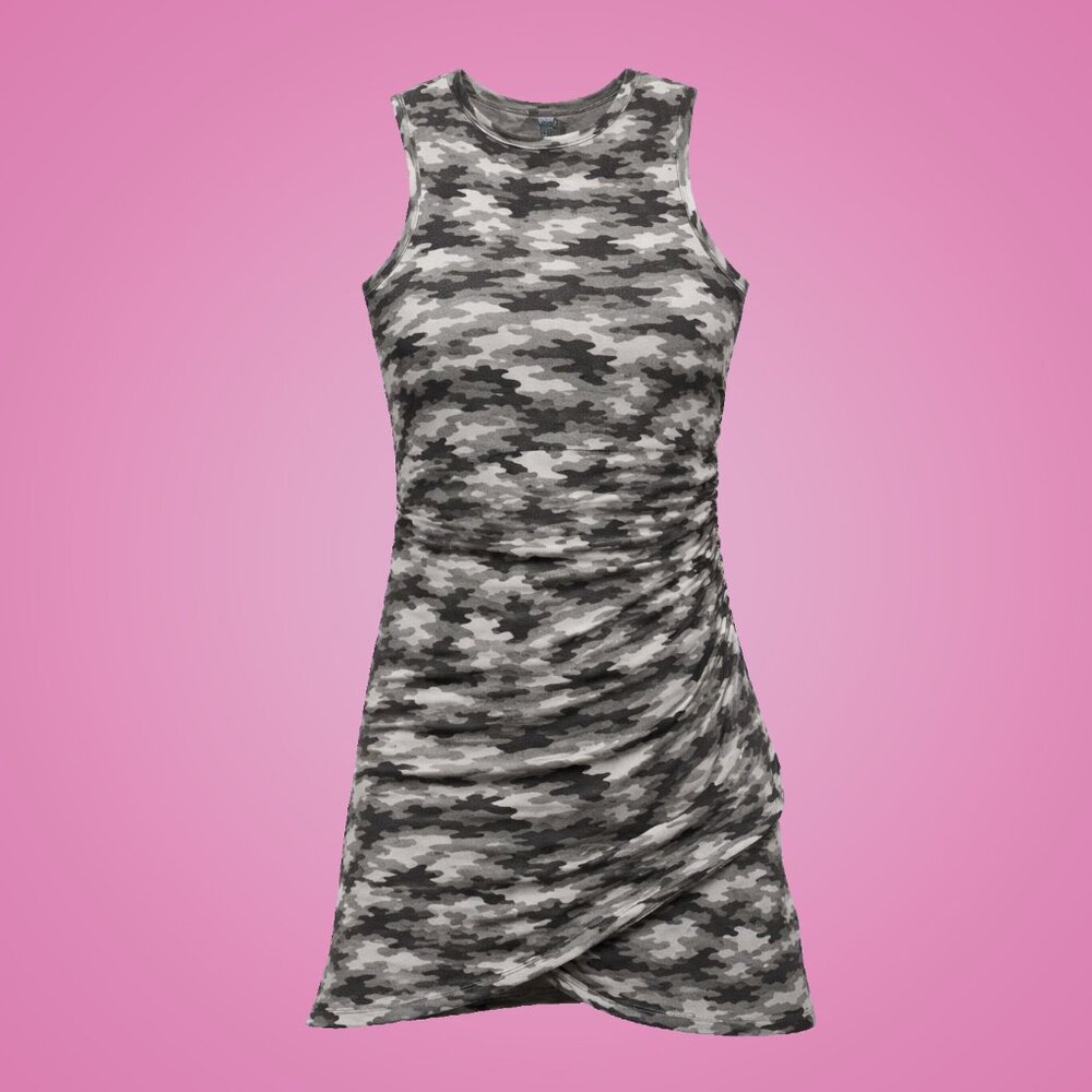 Ladies Shades Of Gray Camo Sleeveless Soft Dress Wrapped and Ruched Size Small